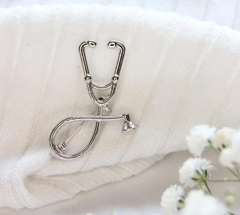 Brošňa pre lekára - doktorku, fonendoskop - Dizajn: Strieborný