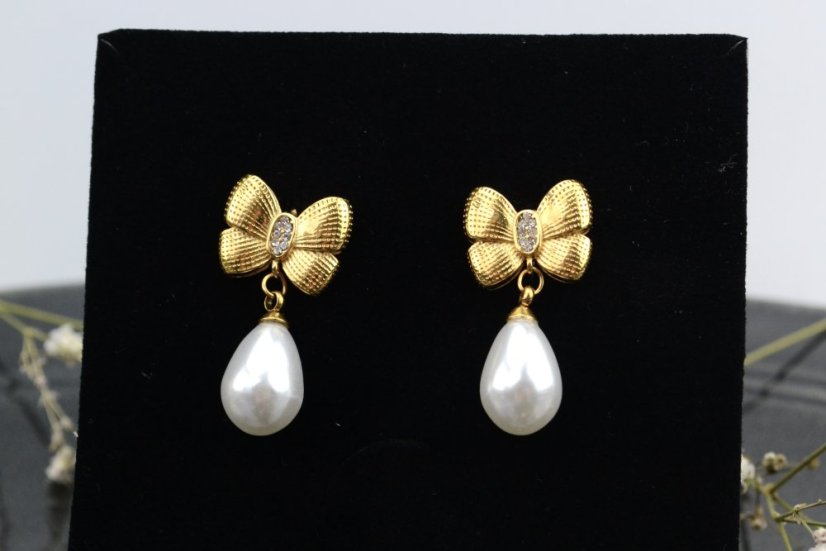 Perly s mašľou - náušnice