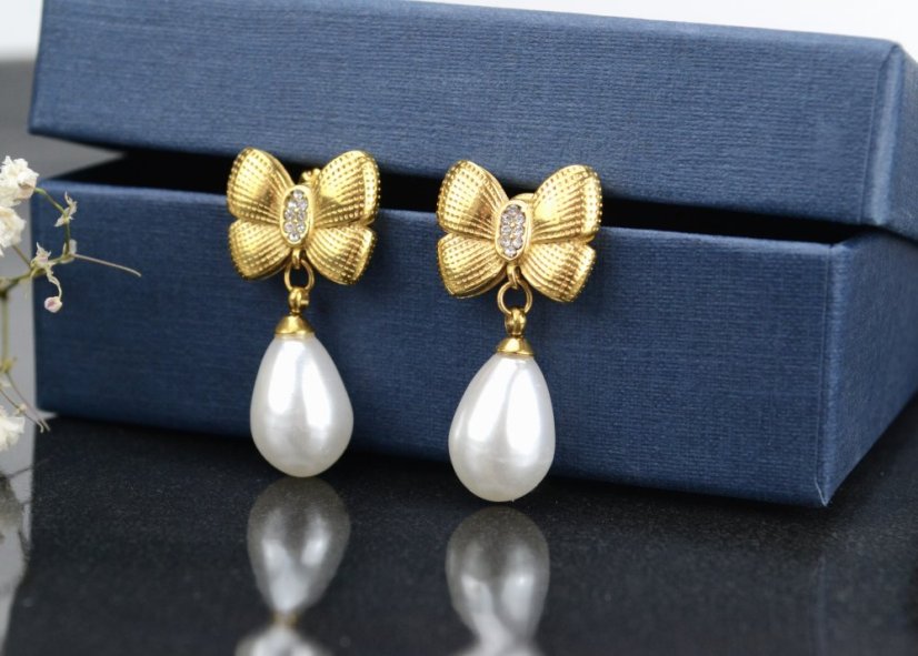 Perly s mašľou - náušnice