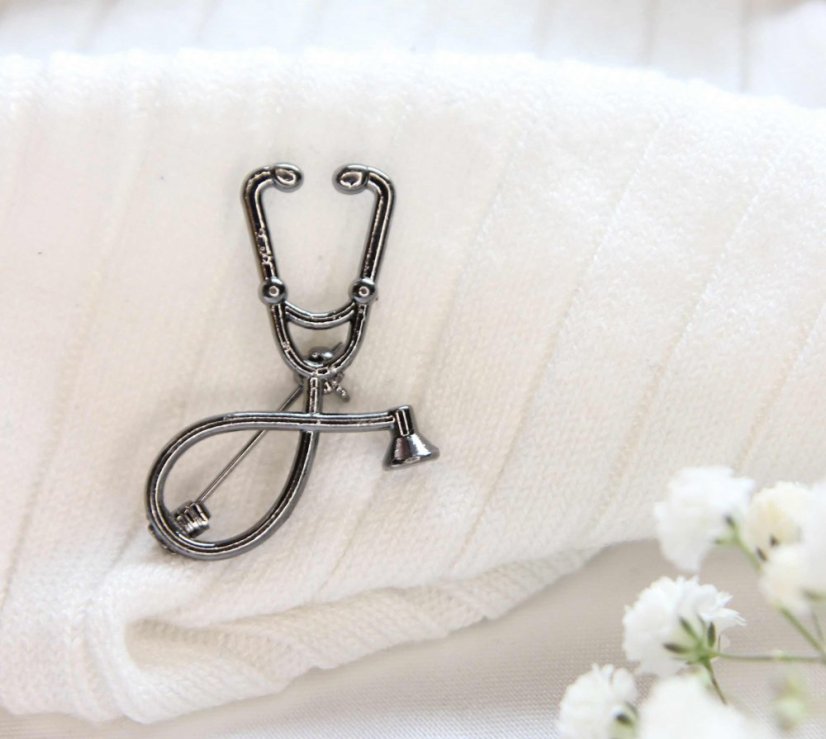 Brošňa pre lekára - doktorku, fonendoskop - Dizajn: Strieborný
