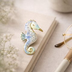 Morský koník modrý - porcelánová brošňa
